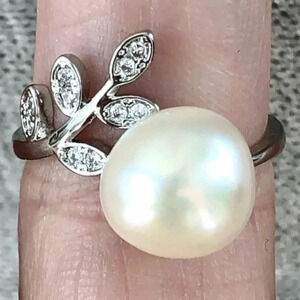 11-12mm Real White Baroque Pearl & Faux Diamond 925 Silver Adjustable Ring NEW